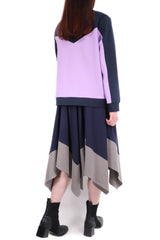 V型拼色棉質上衣 - 深藍拼紫色 - Chic Collection