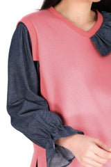 V領拼單袖牛仔布綿質上衣 (拼日本布料) - 粉紅色 - Chic Collection