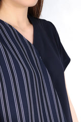 V領直紋層次造型三醋酸上衣 (日本布料) - 深藍色 - Chic Collection