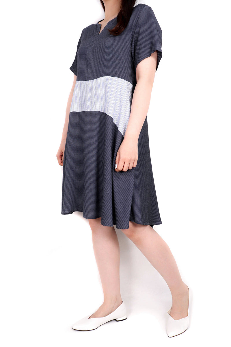 小V領線條接拼綿質連身裙(日本拼意大利布料) - F - Chic Collection