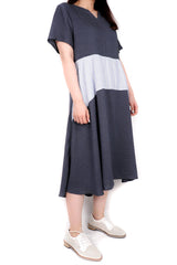小V領線條接拼綿質連身裙(日本拼意大利布料) - L - Chic Collection