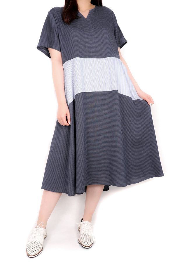 小V領線條接拼綿質連身裙(日本拼意大利布料) - L - Chic Collection